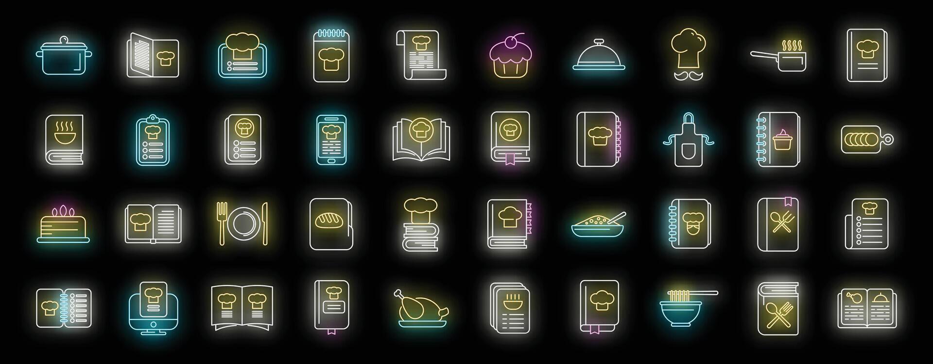 Cookbook icons set. Outline set of cookbook vector icons neon color on black