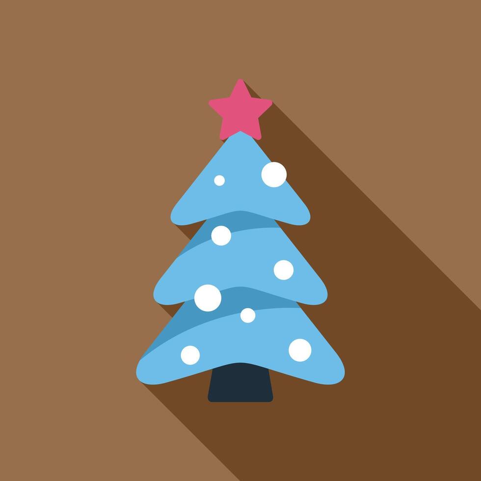 Blue christmas tree covered in snow with red star on top and long shadow vector
