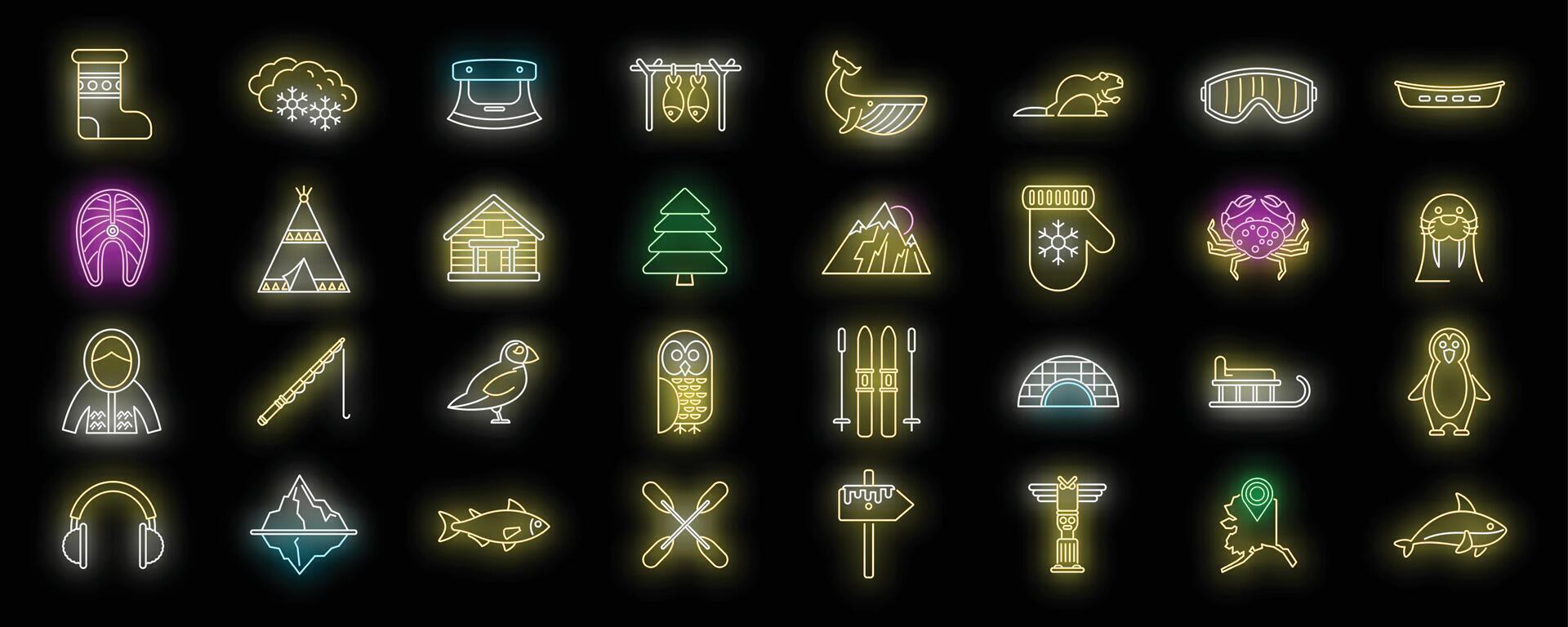 Arctic explorer discovering wildlife and inuit culture neon icon set vector