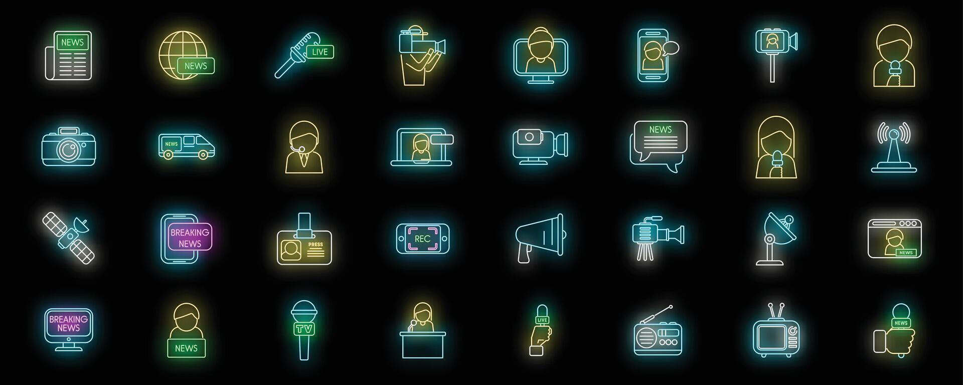 Neon icons set for mass media, journalism, breaking news, tv, radio, newspaper, online broadcasting vector