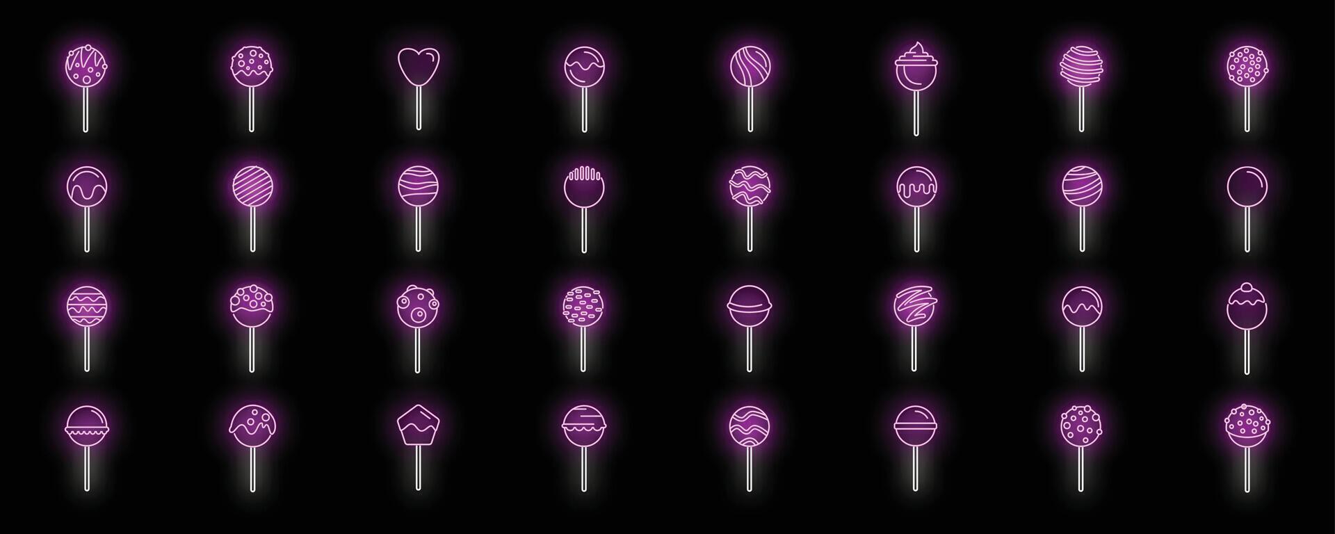 Set of neon lollipop icons glowing in purple and white on black background vector