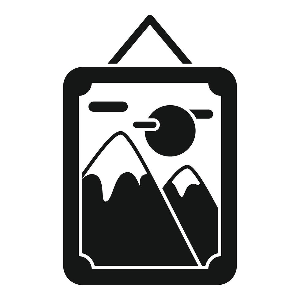 Black and white picture frame hanging on wall with mountain landscape painting vector