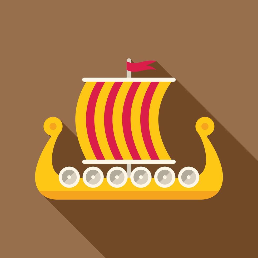Viking ship sailing with long shadow on brown background vector