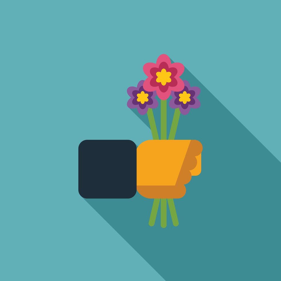 Hand holding bouquet of flowers icon with long shadow vector