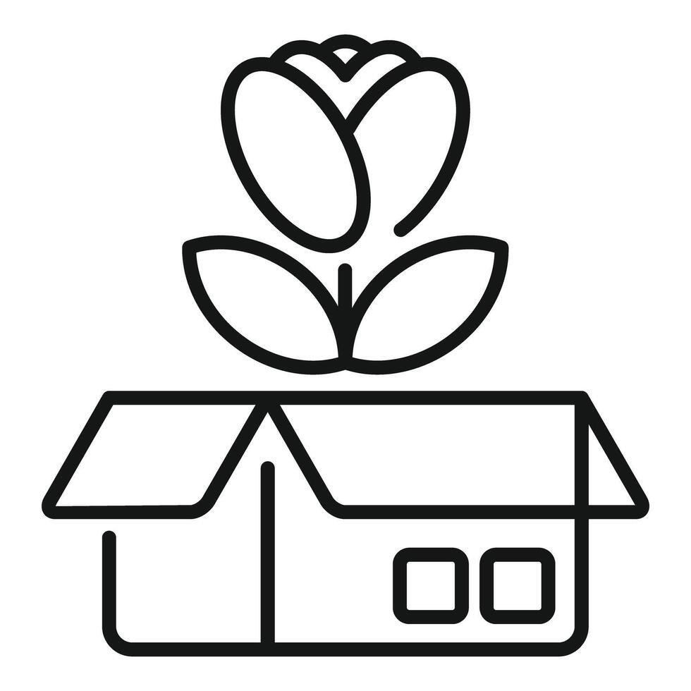 Flower growing from opened cardboard box line icon, concept of unboxing experience vector
