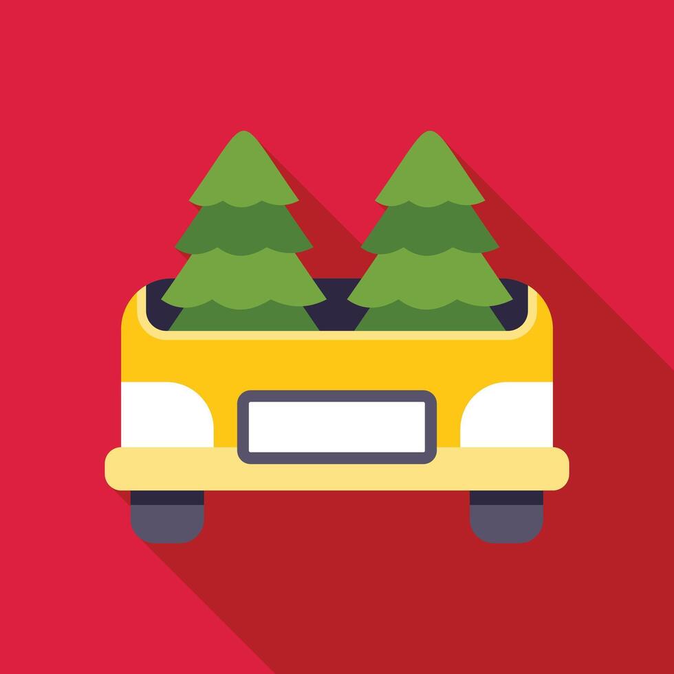 Yellow pickup truck carrying two christmas trees on red background vector