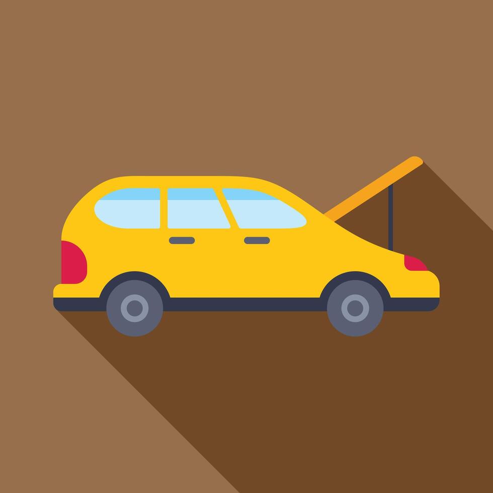 Yellow broken car with open hood needs repairing on roadside vector