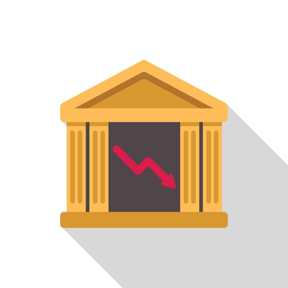 Bank going bankrupt with red arrow pointing down representing financial crisis vector