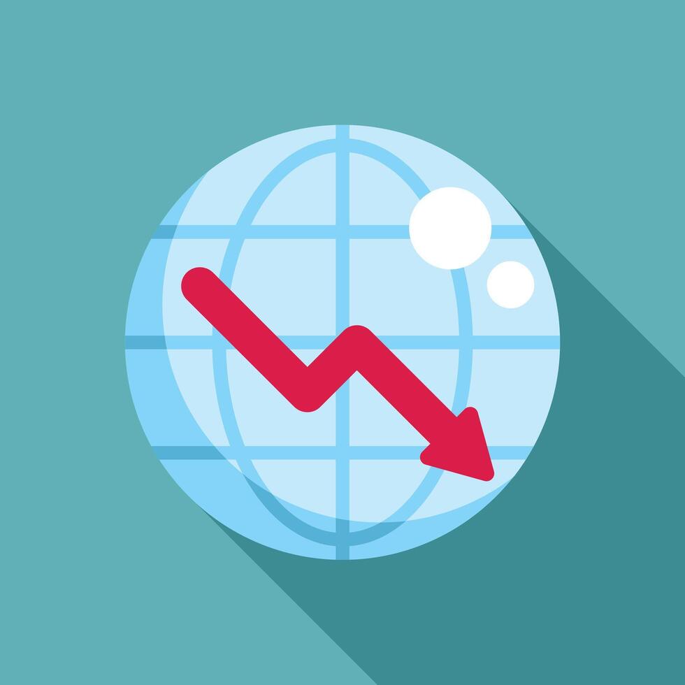 Red arrow pointing down overlaying globe icon showing global economic crisis vector