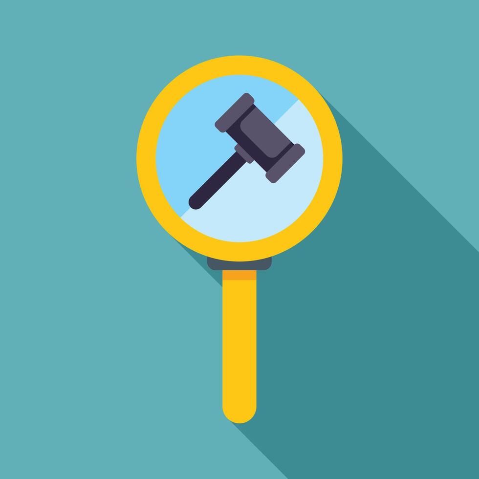 Magnifying glass showing a gavel, examining a legal case, law and justice concept vector