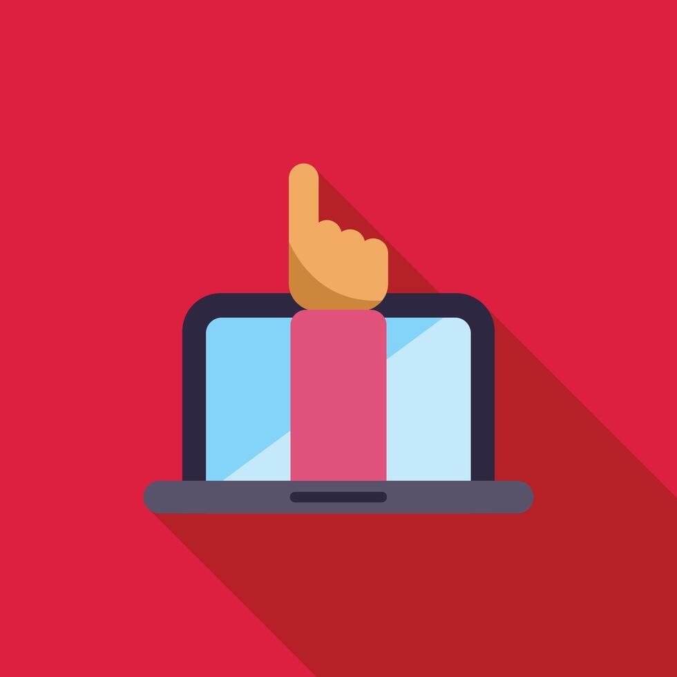 Hand pointing through laptop screen minimalist flat design vector