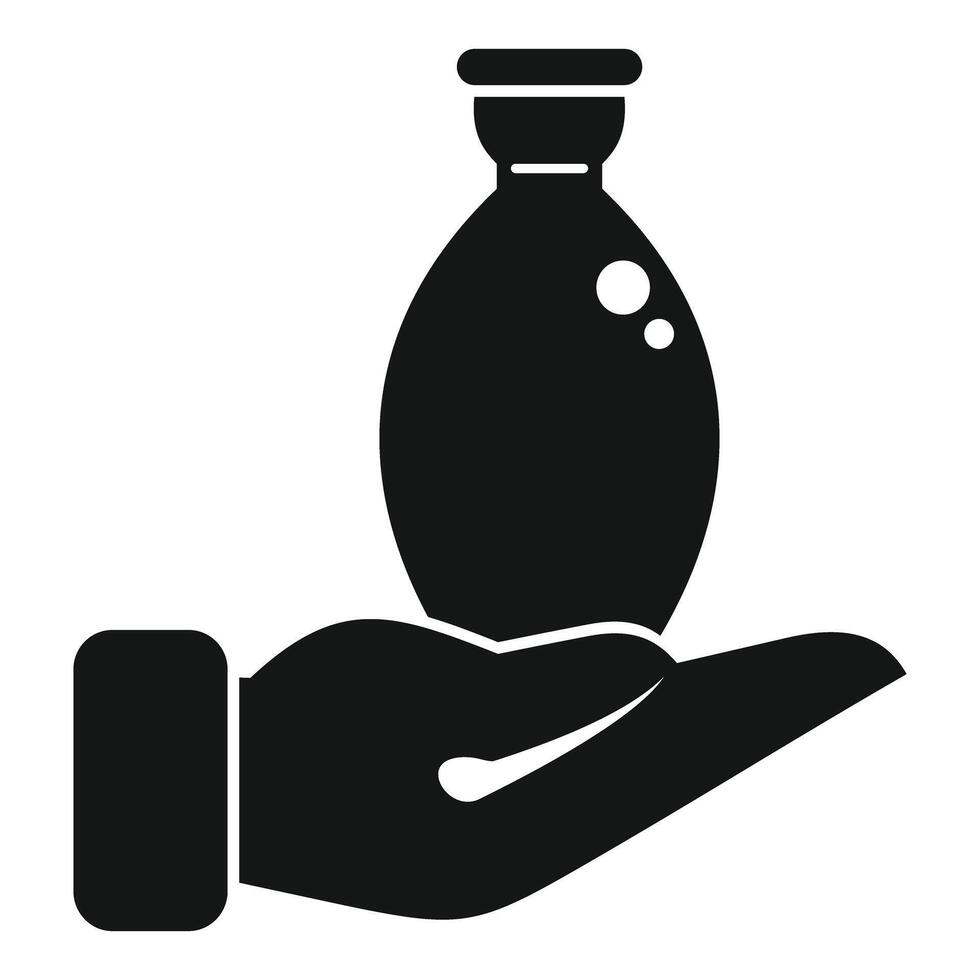 Hand holding bottle icon, simple style vector
