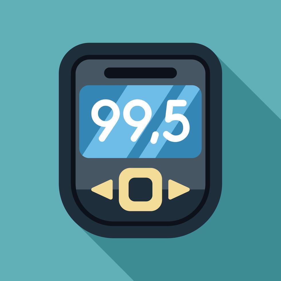 Glucose meter showing blood sugar level at 99.5 on turquoise background vector