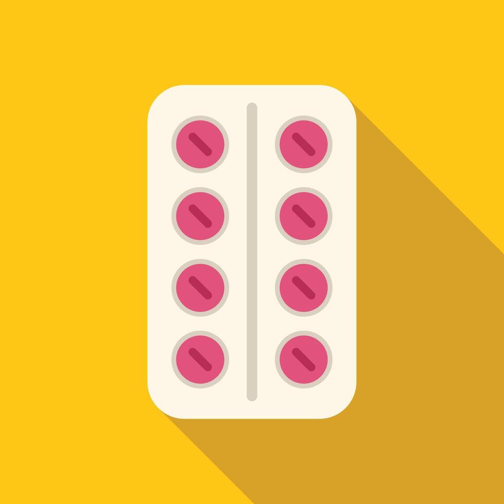 Blister pack containing round pink pills is lying on yellow background vector