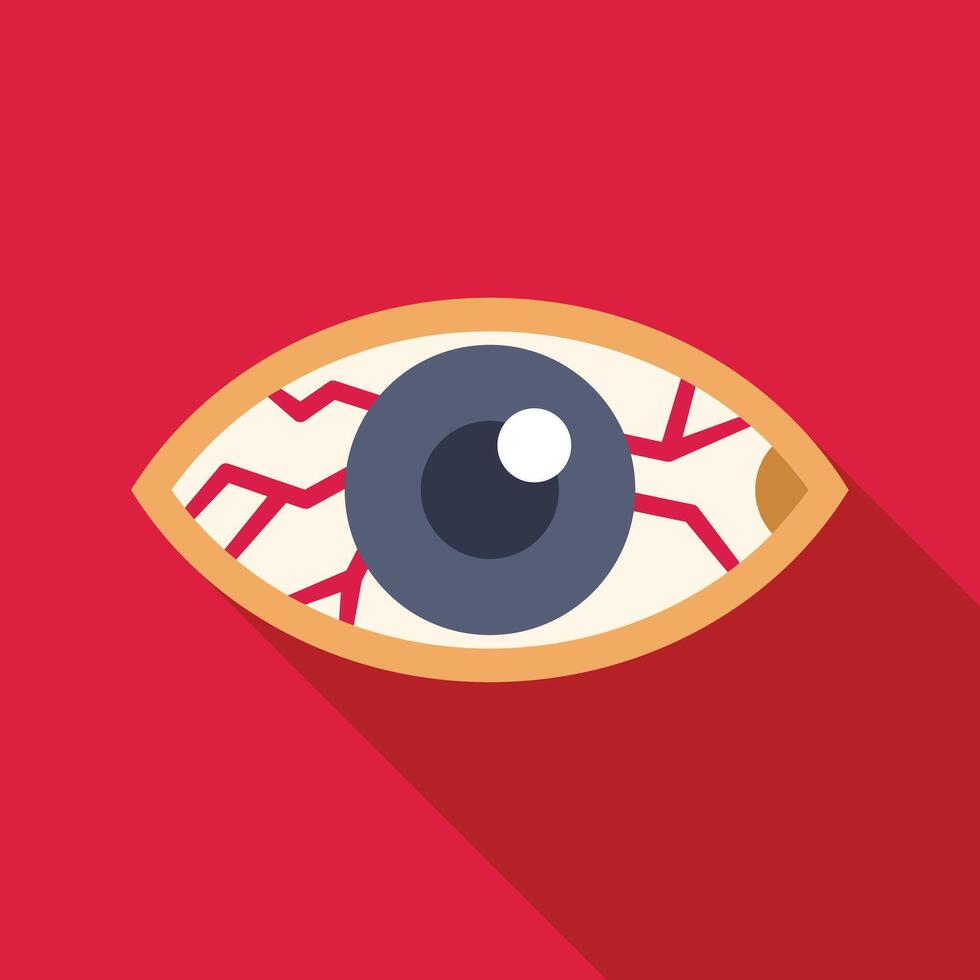 Red eye showing broken blood vessels with long shadow on red background vector
