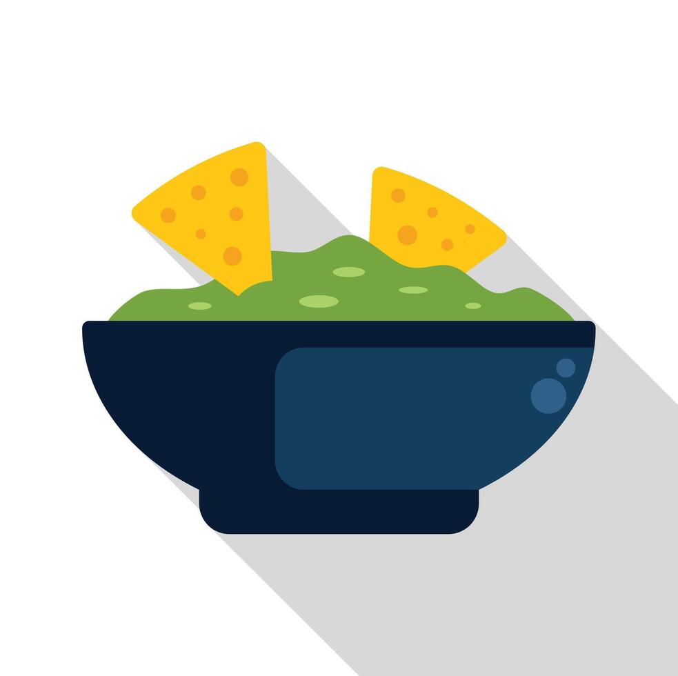 Bowl containing guacamole dip with tortilla chips is making long shadow vector