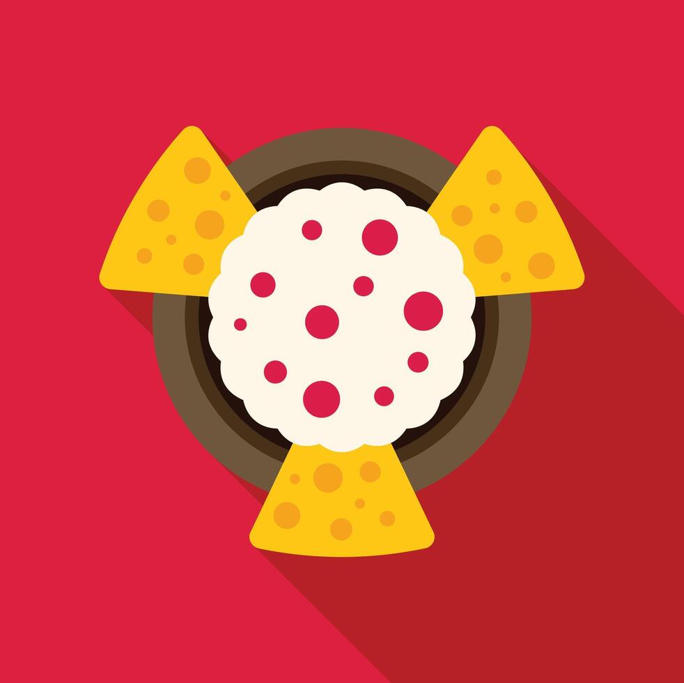 Delicious creamy sauce surrounded by crunchy nachos chips on red background vector