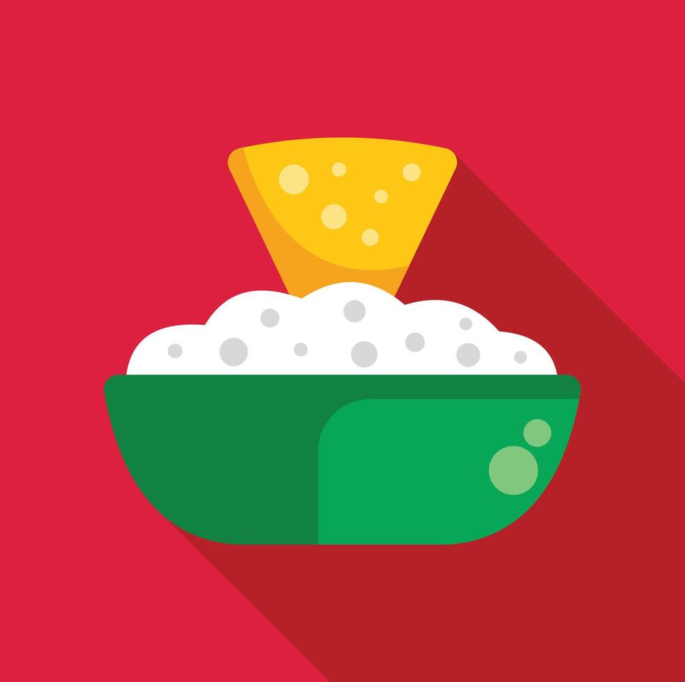 Delicious creamy dip with tortilla chip in green bowl on red background vector