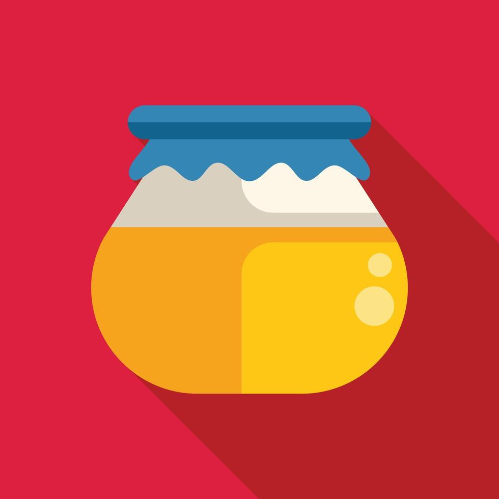 Glass jar full of honey with blue cap is standing on red background vector