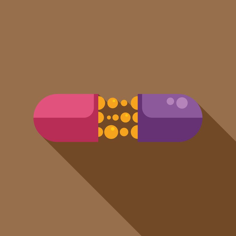 Open capsule releasing medicine granules in flat design with long shadow vector