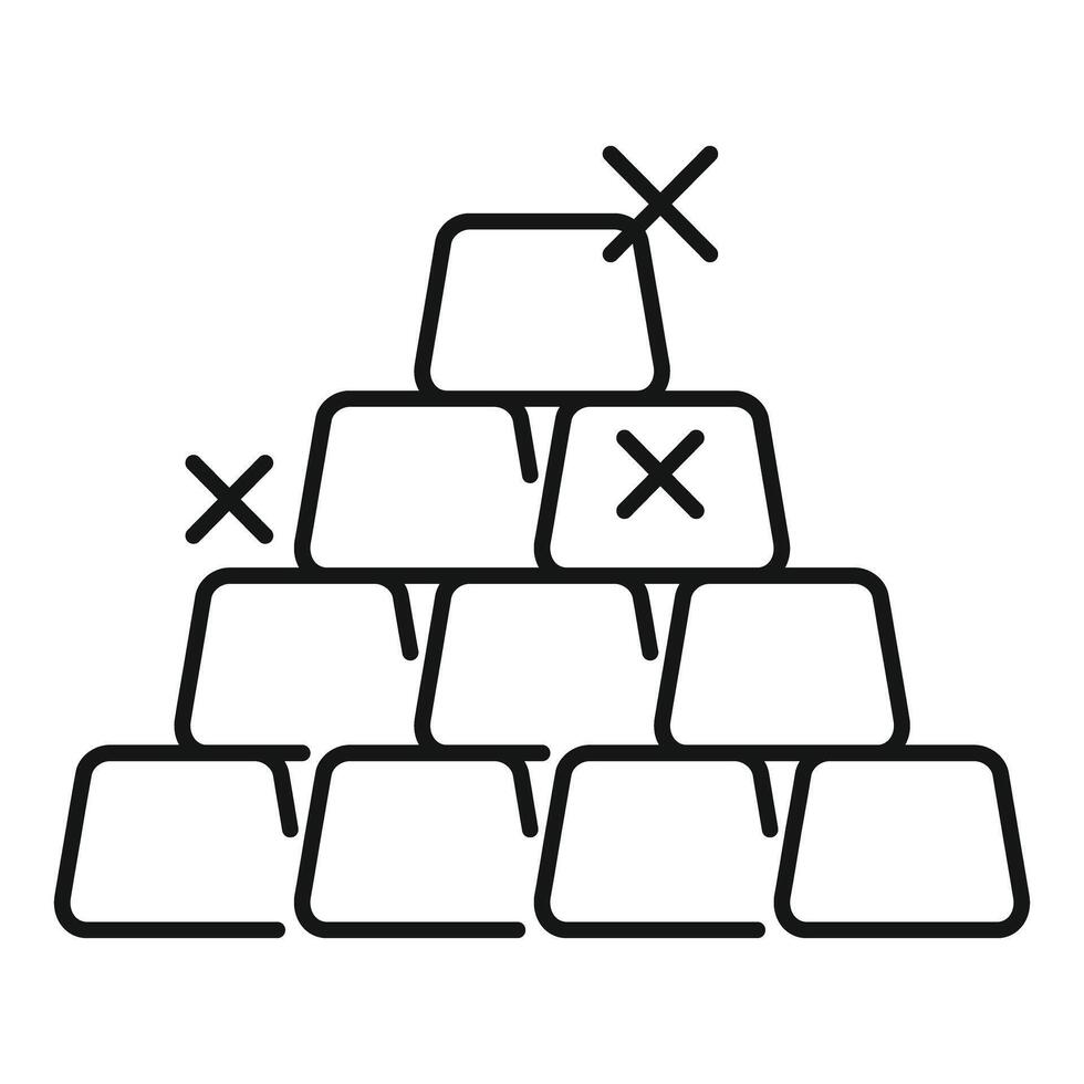 Gold bars forming a pyramid with cross marks representing loss of value vector