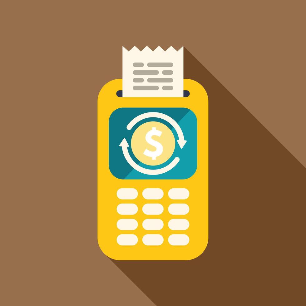 Yellow pos terminal printing receipt showing money circulation symbol on blue screen vector