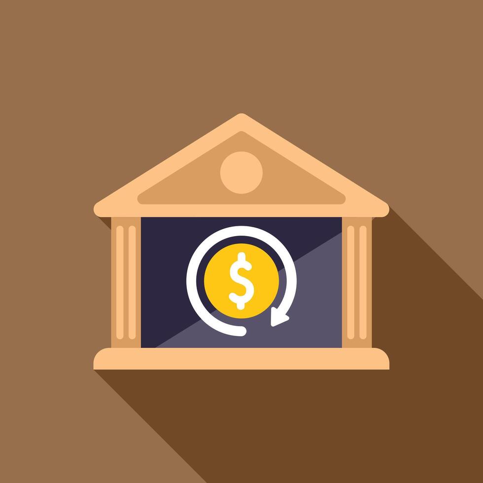 Bank building showing rotating dollar coin money circulation concept vector