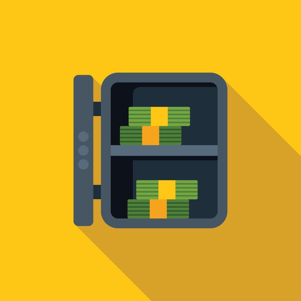 Open steel safe containing stacks of money on yellow background vector
