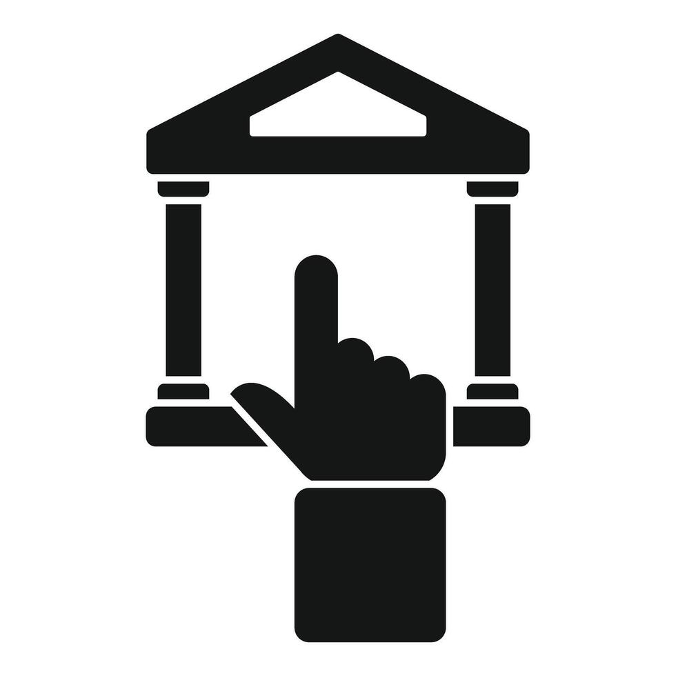Hand pointing at bank building icon for online banking vector