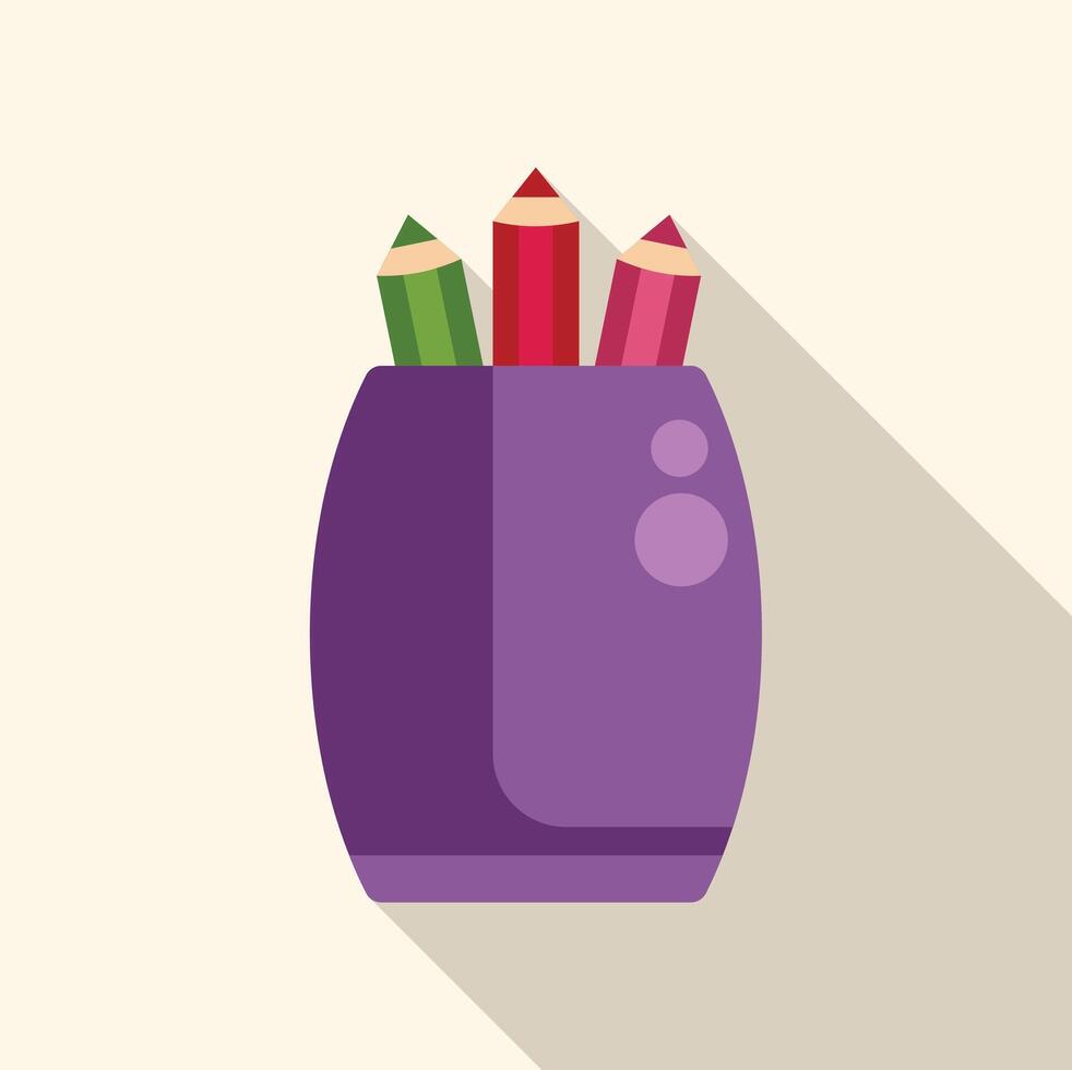 Purple pencil holder with pencils pointing up minimalist flat design icon with long shadow vector
