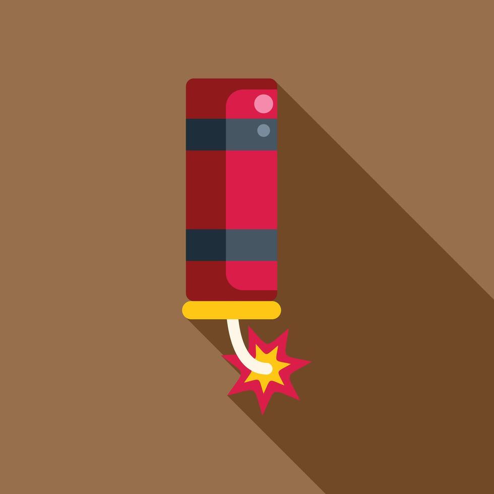 Red firecracker with burning wick exploding, flat design with long shadow vector