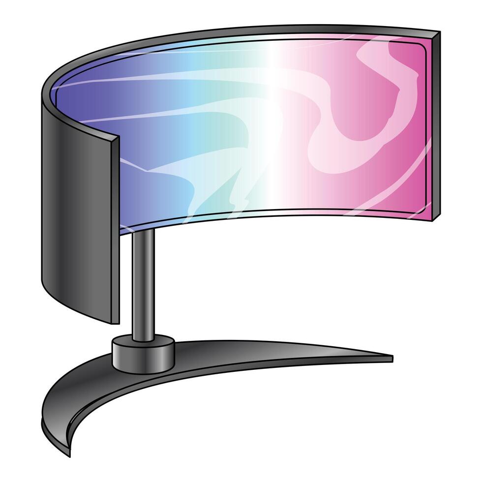 Modern curved ultrawide computer monitor displaying abstract gradient background vector