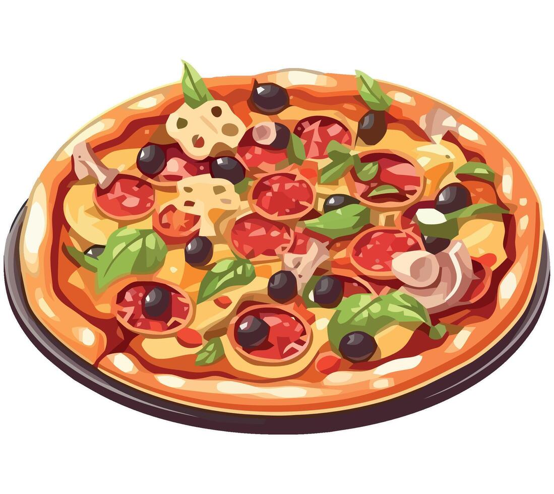Pizza with olives, cheese and black olives on a plate vector