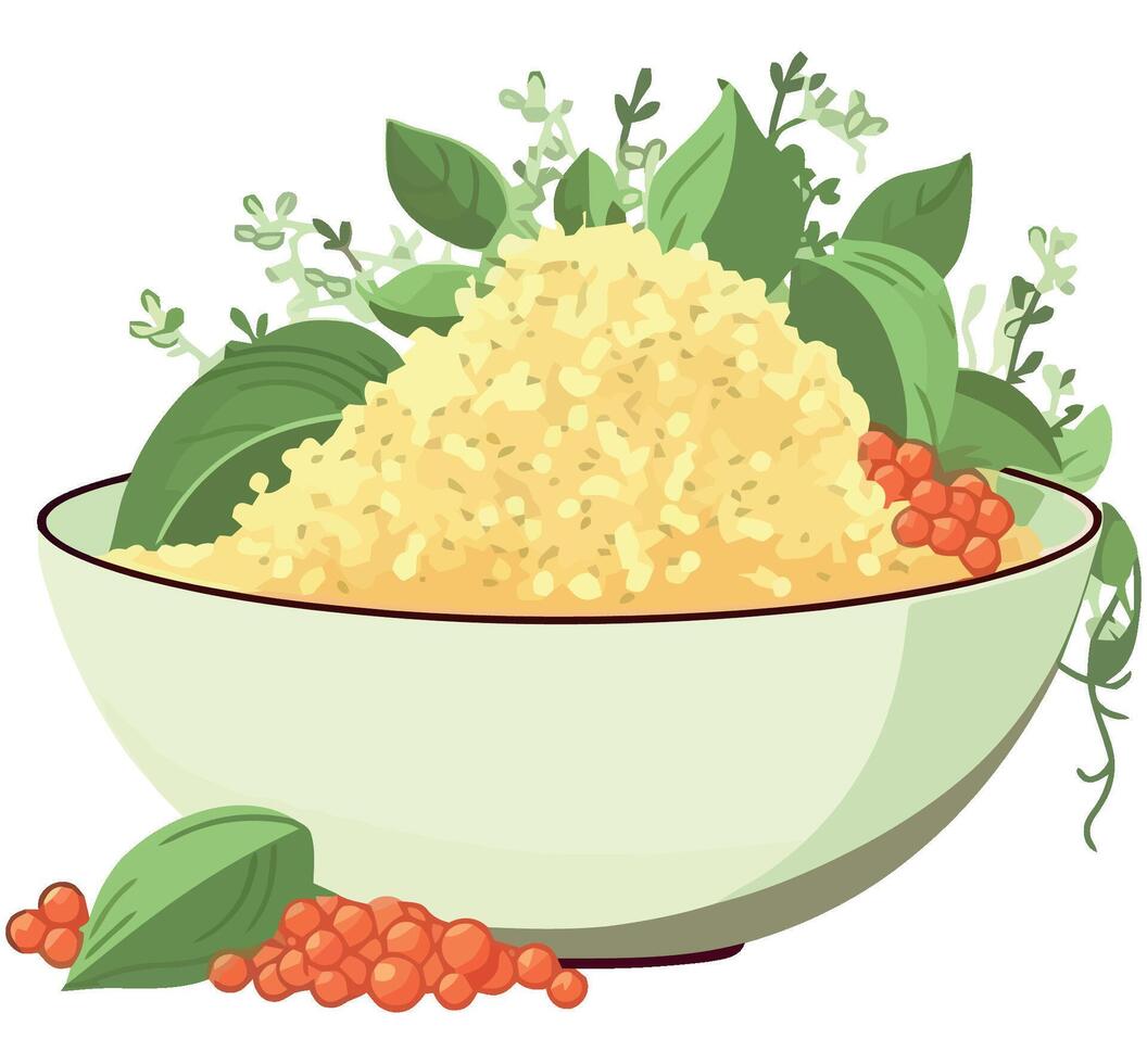 Couscous with herbs and berries in a bowl illustration vector