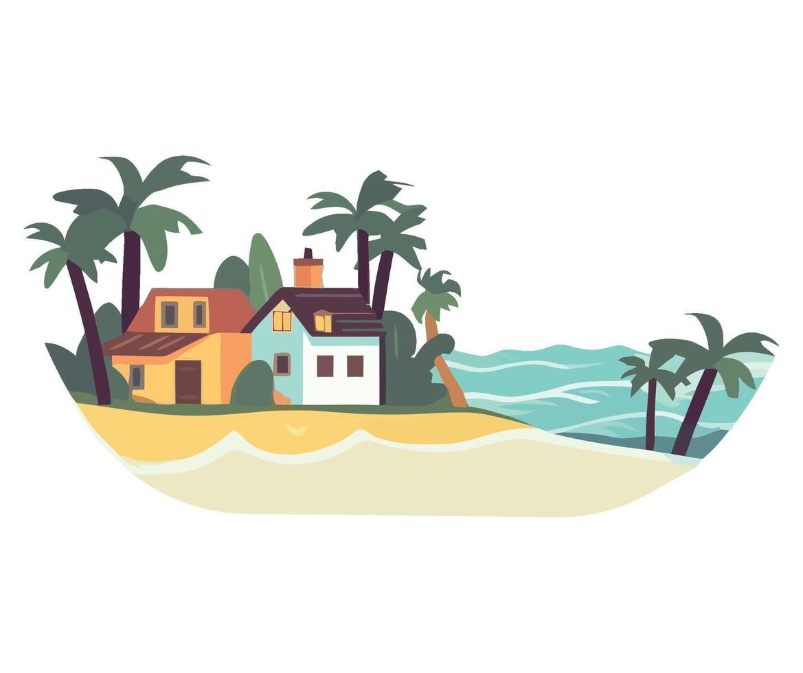 Tropical island with house and palm trees vector