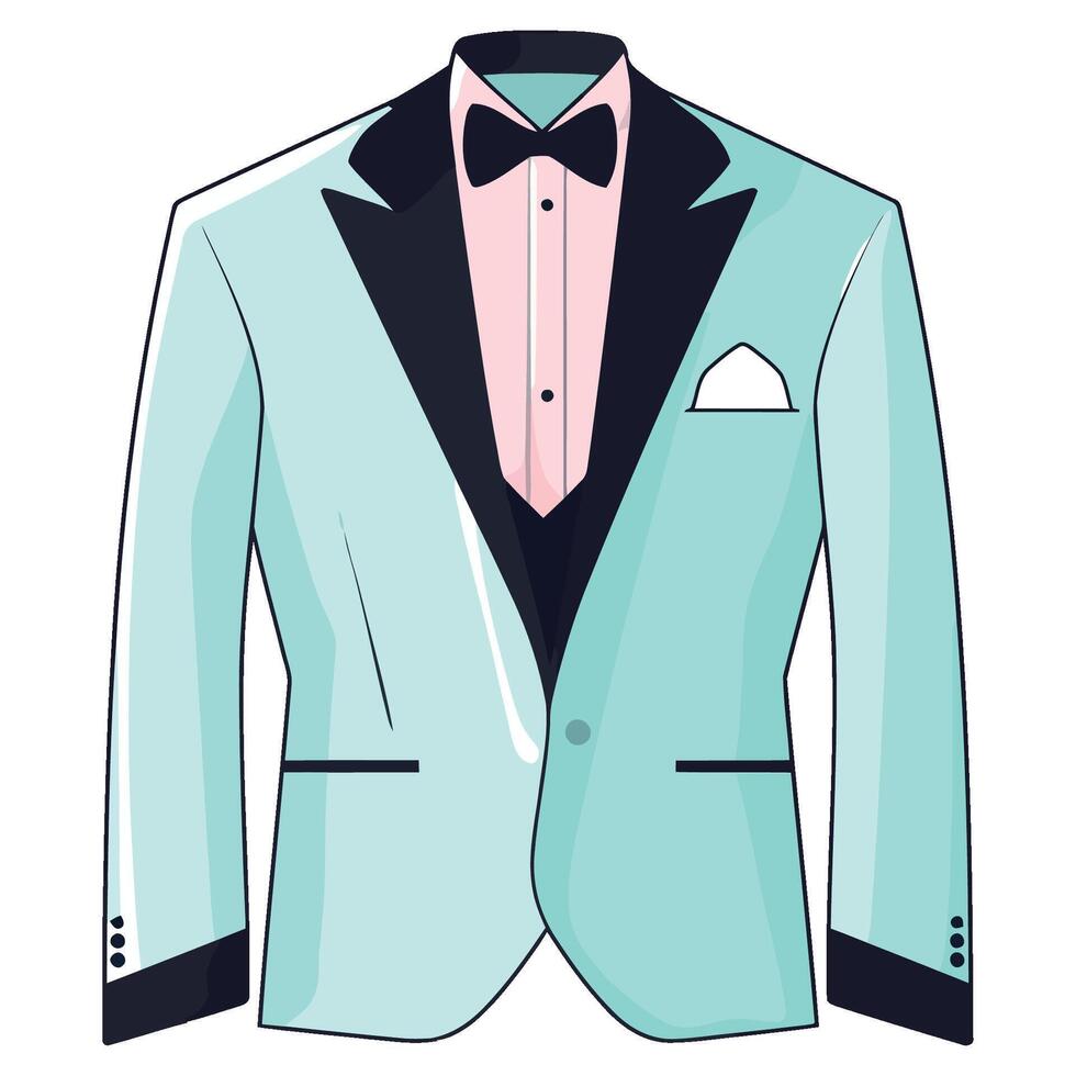 A blue tuxedo with a black bow tie and pink pocket square vector
