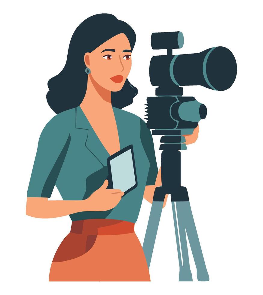 A woman holding a camera and holding a tablet vector