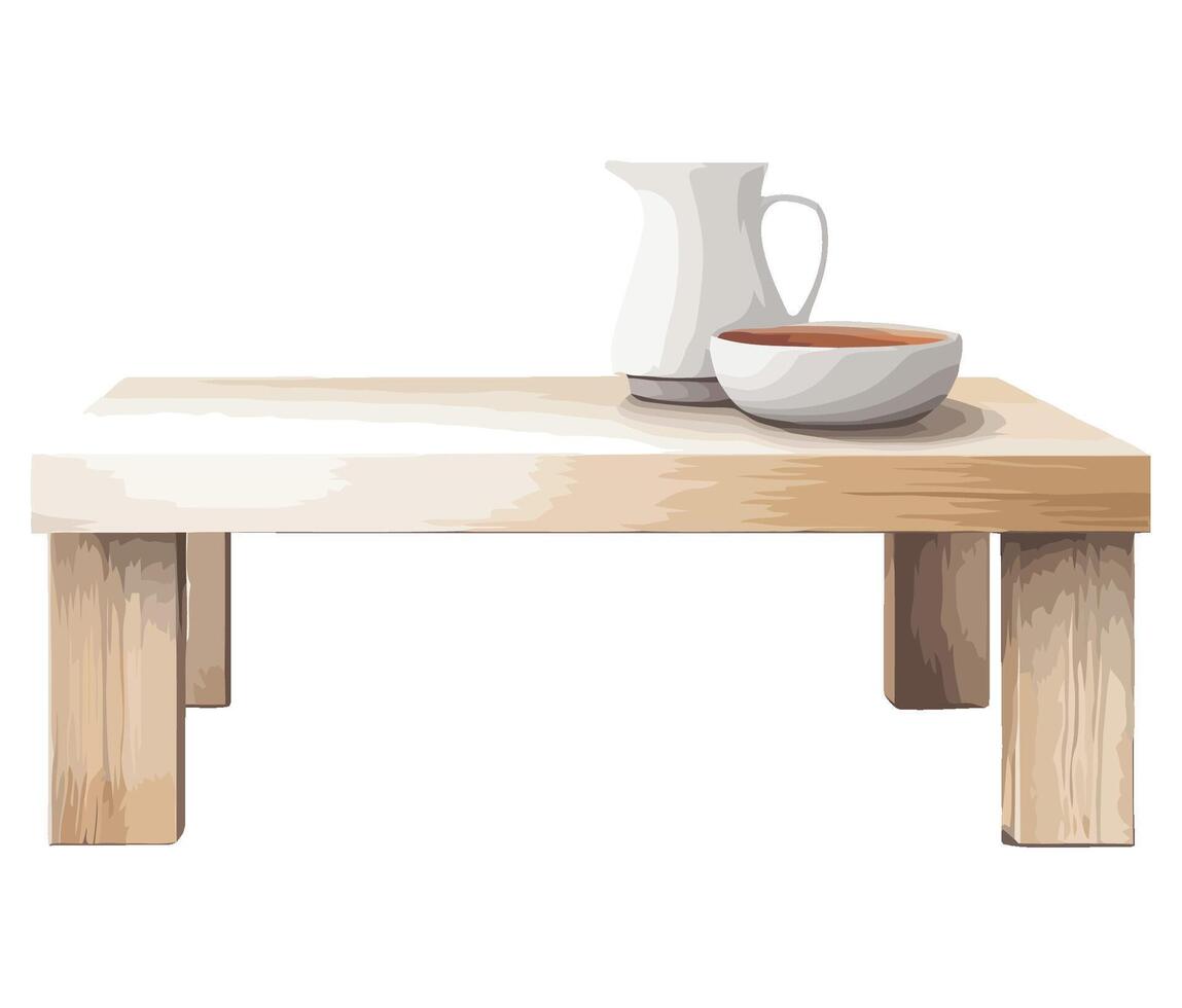 A wooden table with a pitcher and cup on it vector