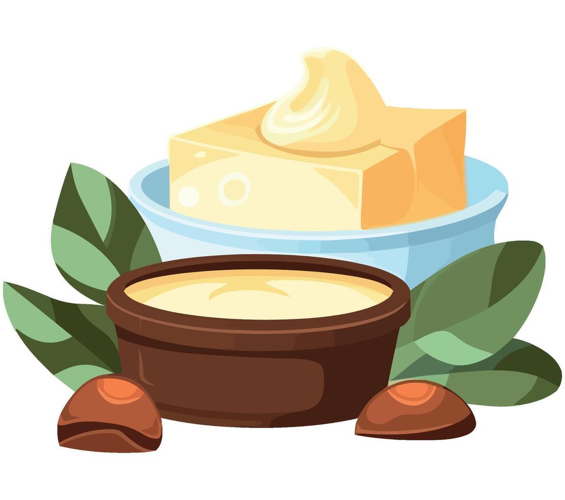 Butter, nuts and leaves on a white background vector