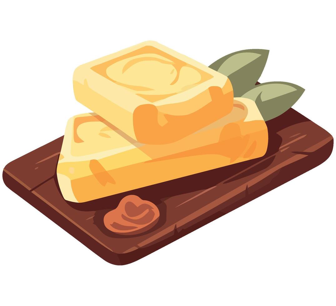 Butter on a wooden cutting board with a leaf vector