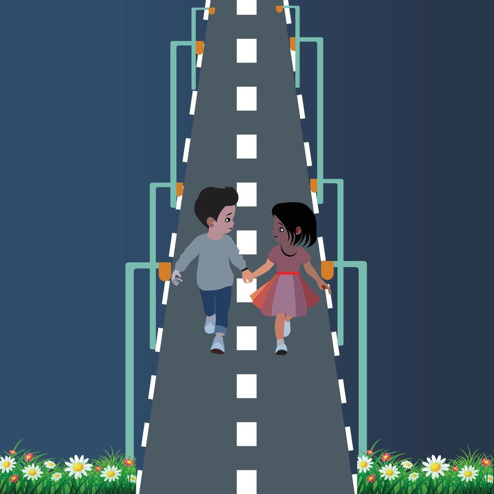 Kid boy helping blind friend cross road vector
