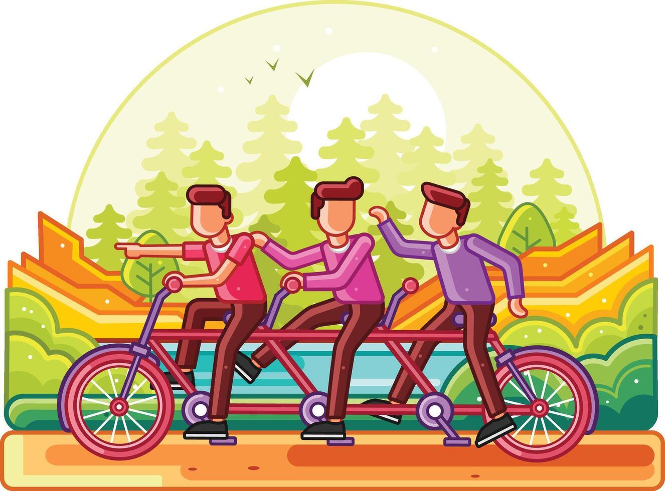 Teamwork Riding Tandem Bicycle Line Illustration vector