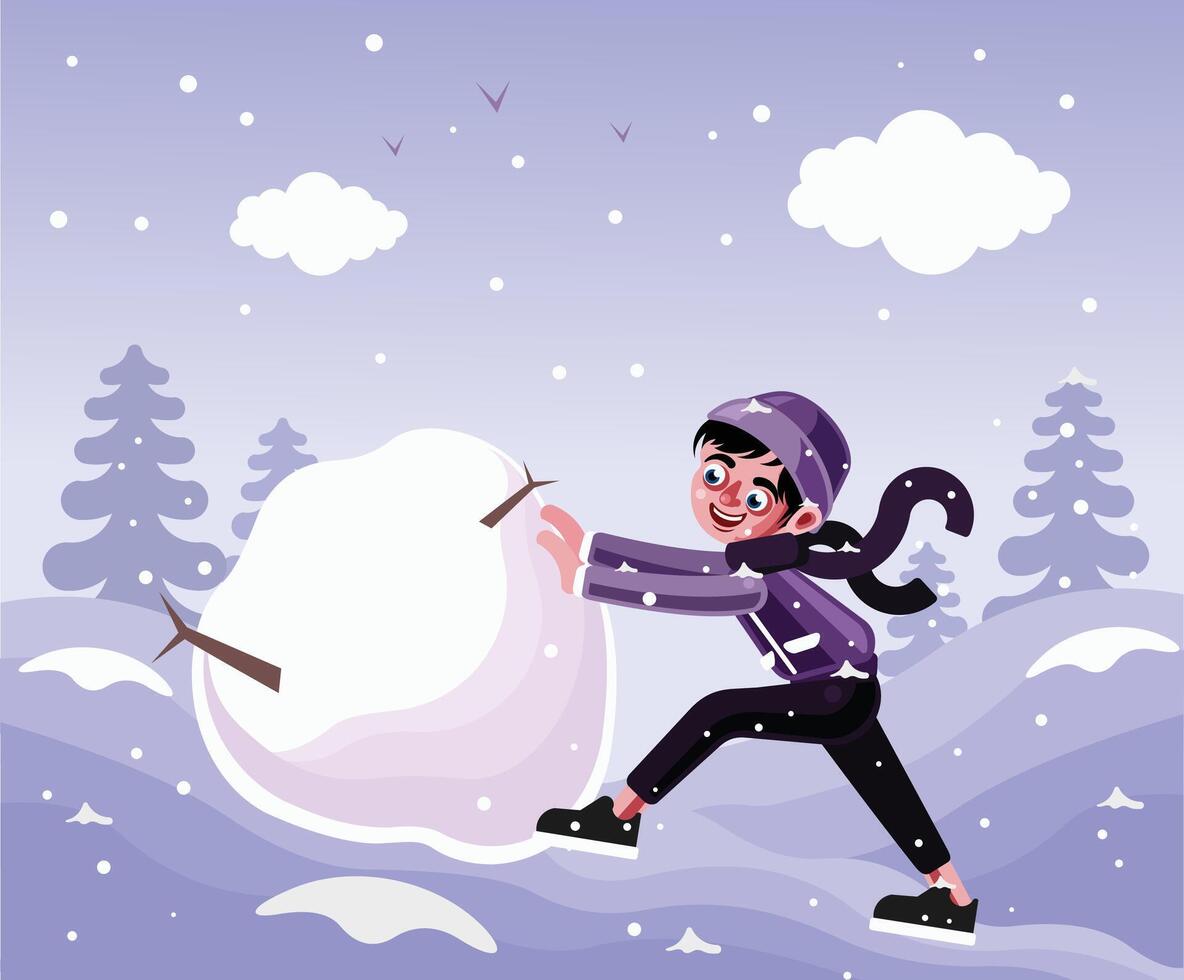 The Child Rolls a Big Snowball vector