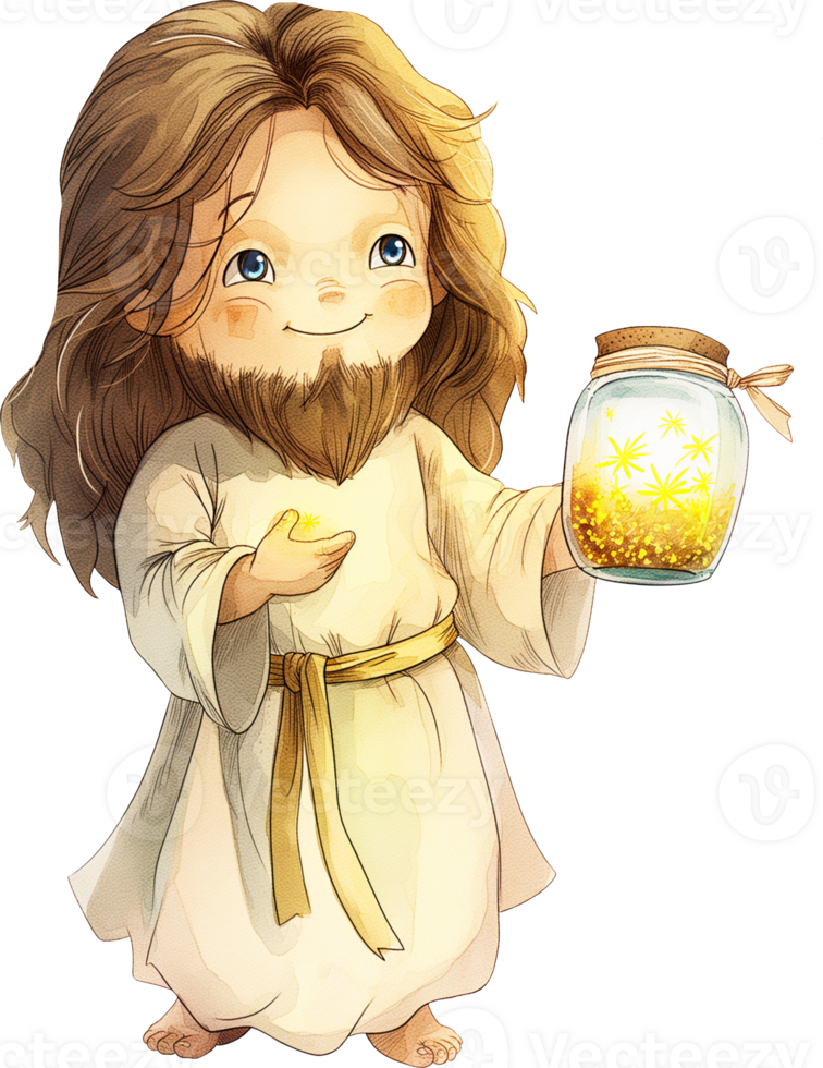 Cute Jesus Holding a Jar of Fireflies watercolor png