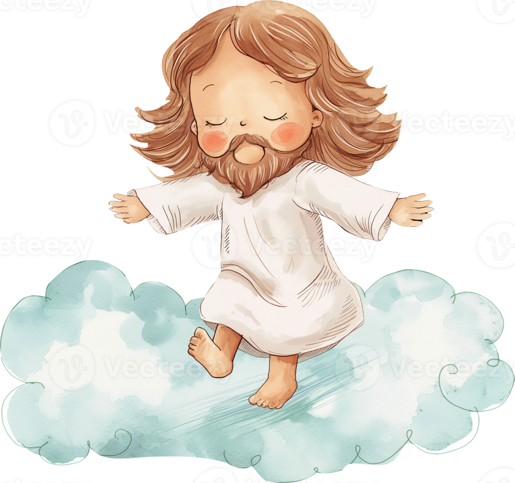 Cute Jesus Skipping Along a Path of Clouds watercolor png