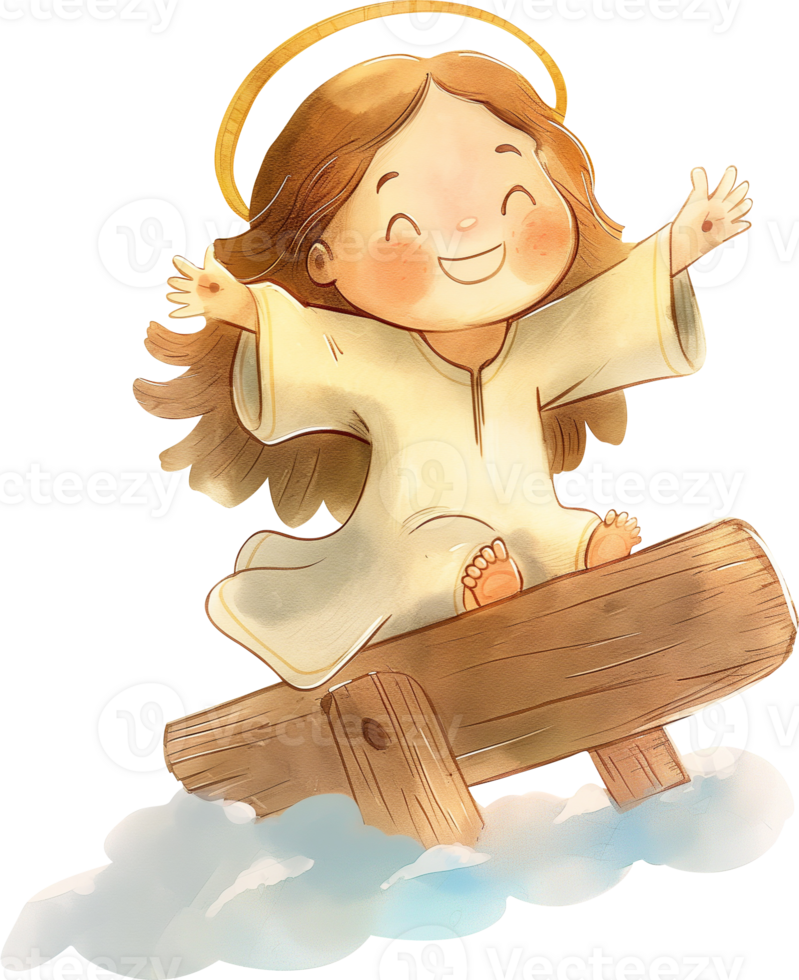 Cute Jesus Riding on a Beam of Sunlight watercolor png