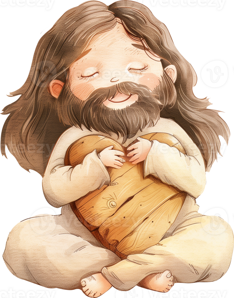 Cute Jesus Carving a Wooden Heart watercolor png