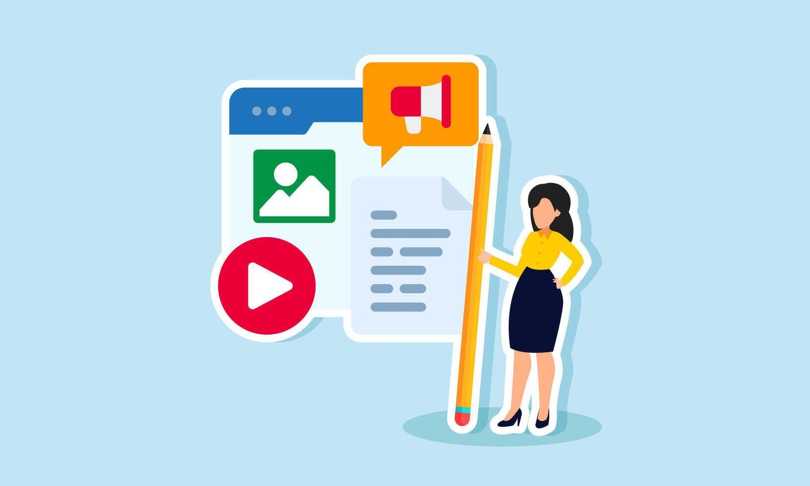 Analyzing marketing data through social media management and digital marketing concept of A businesswoman with a pencil analyzing the company's social media traffic vector