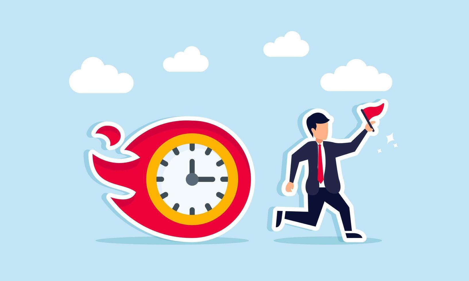 Racing against time, work schedules, or project deadlines concept of A businessman running with a flag while being chased by a flaming clock vector