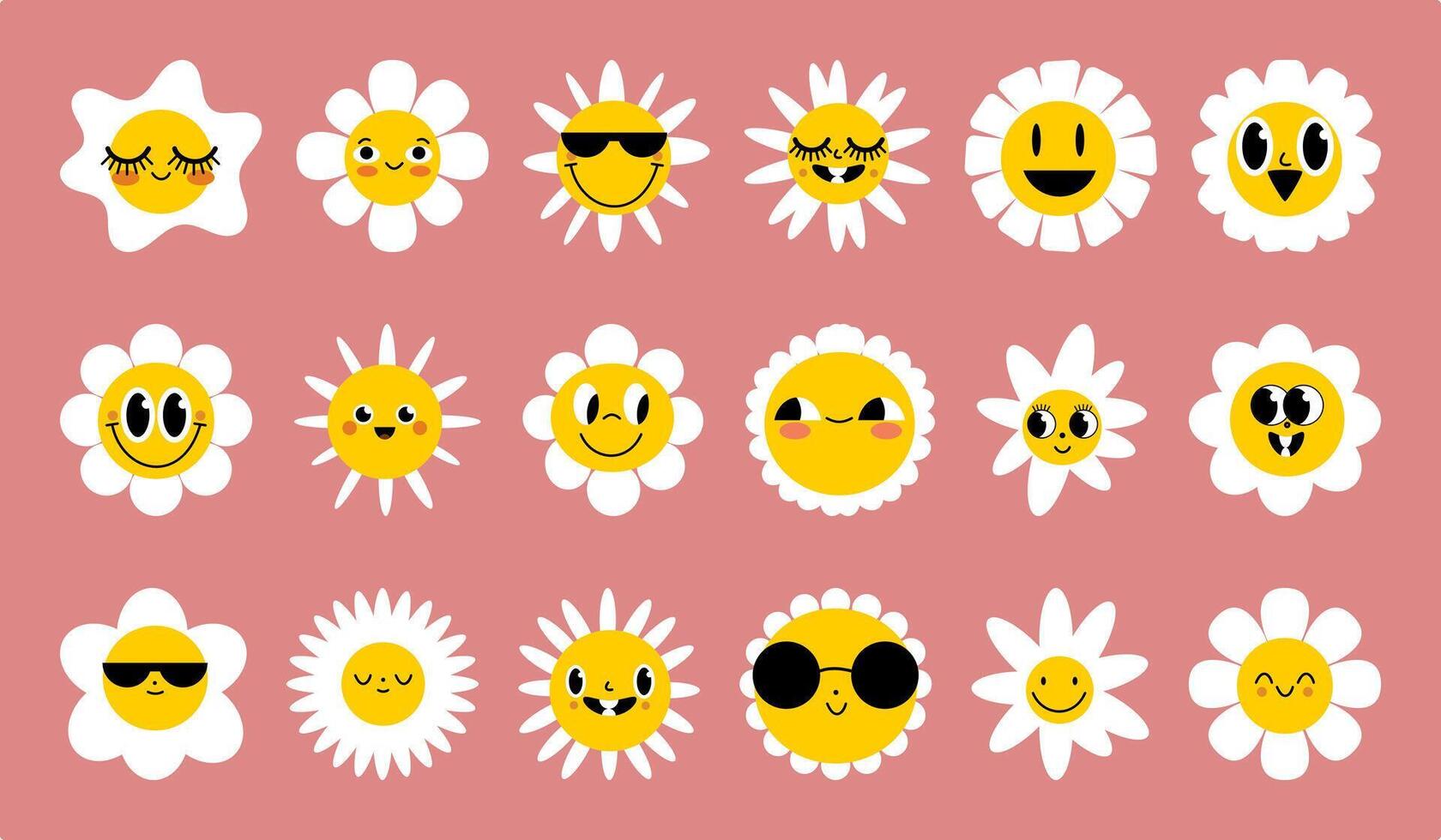 Daisy flowers with cartoon funny smiling faces, chamomile characters. Cute camomile happy emotion. Kids logo design with daisies set. Illustration of smile floral flower, bloom camomile vector